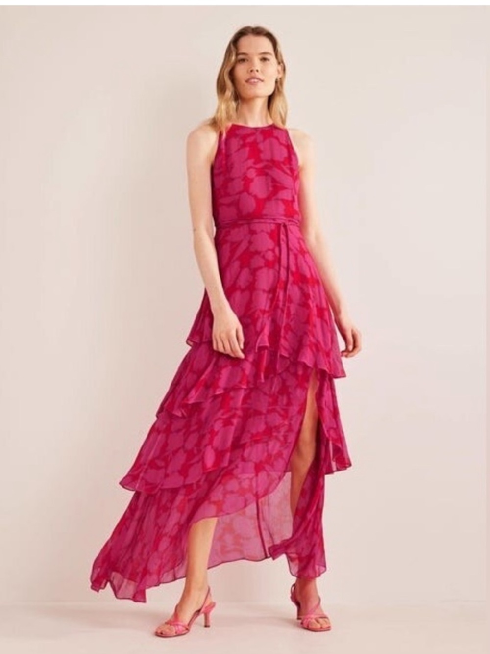 Boden Fuchsia and red Floral chiffon Maxi Dress 12 R